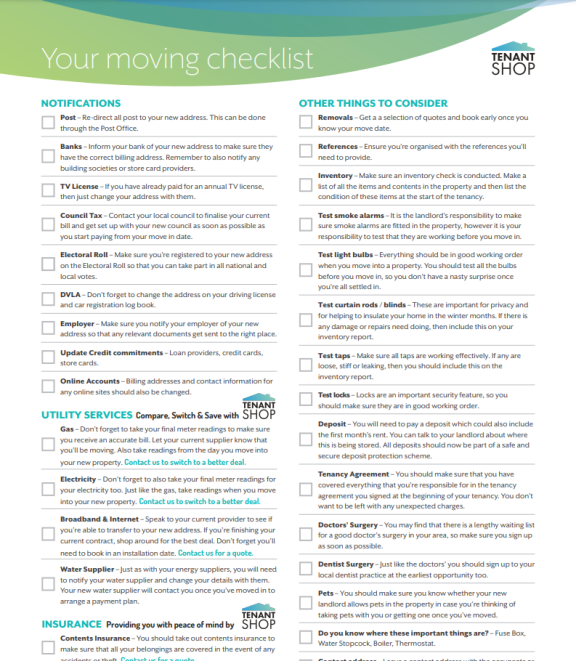 Moving Checklist - 2021 - Tenant Shop